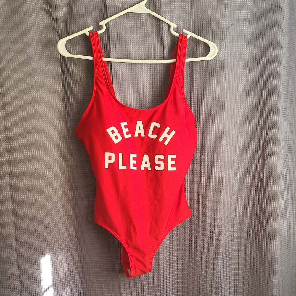Red baywatch style graphic one piece swimsuit